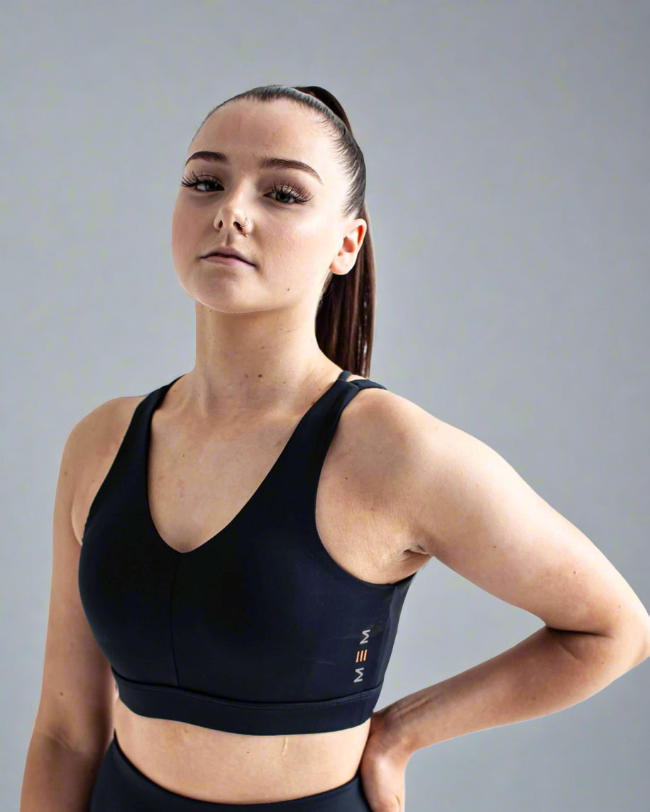 Black Double Padded Acetate Sports Bra For Gym & Yoga